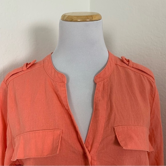 Calvin Klein Linen Blend Shirt Dress Women’s 10 Coral Roll Tab Sleeves Buttons - Picture 6 of 16